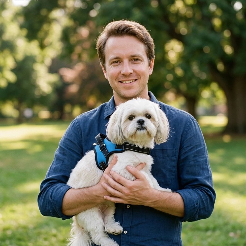 maitre tien son petit chien avec Harnais chien bleu