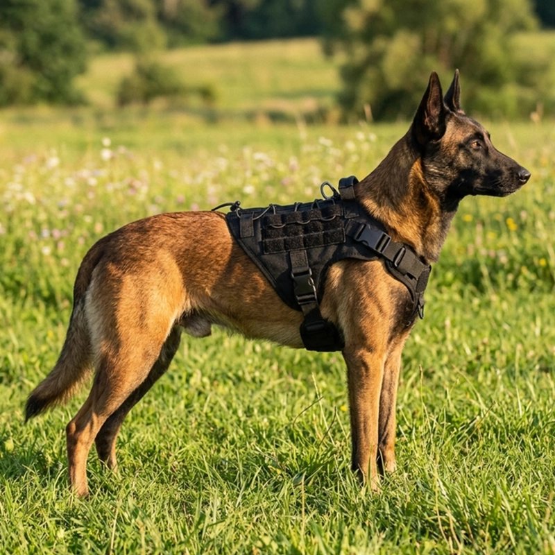 Berger allemand avec un harnais chien noir 
