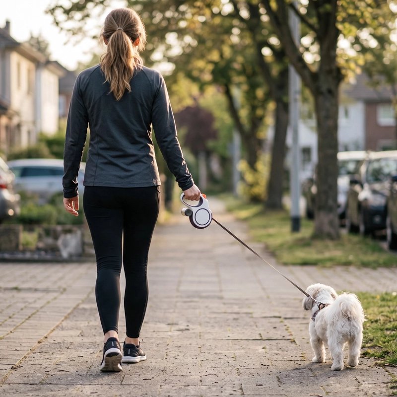 femme promène son chien avec sa Laisse enrouleur blanche 
