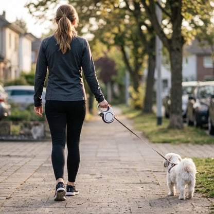 femme promène son chien avec sa Laisse enrouleur blanche 