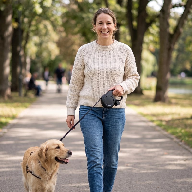 femme promène son chien avec sa Laisse enrouleur noir