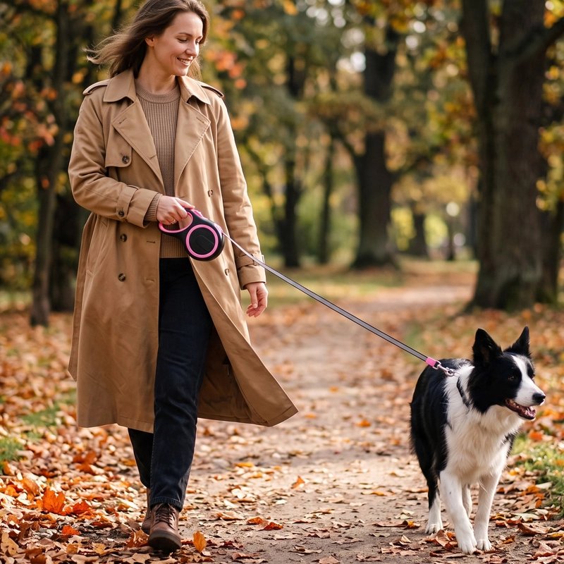 Femme promène son chien avec une Laisse pour Chien rose 