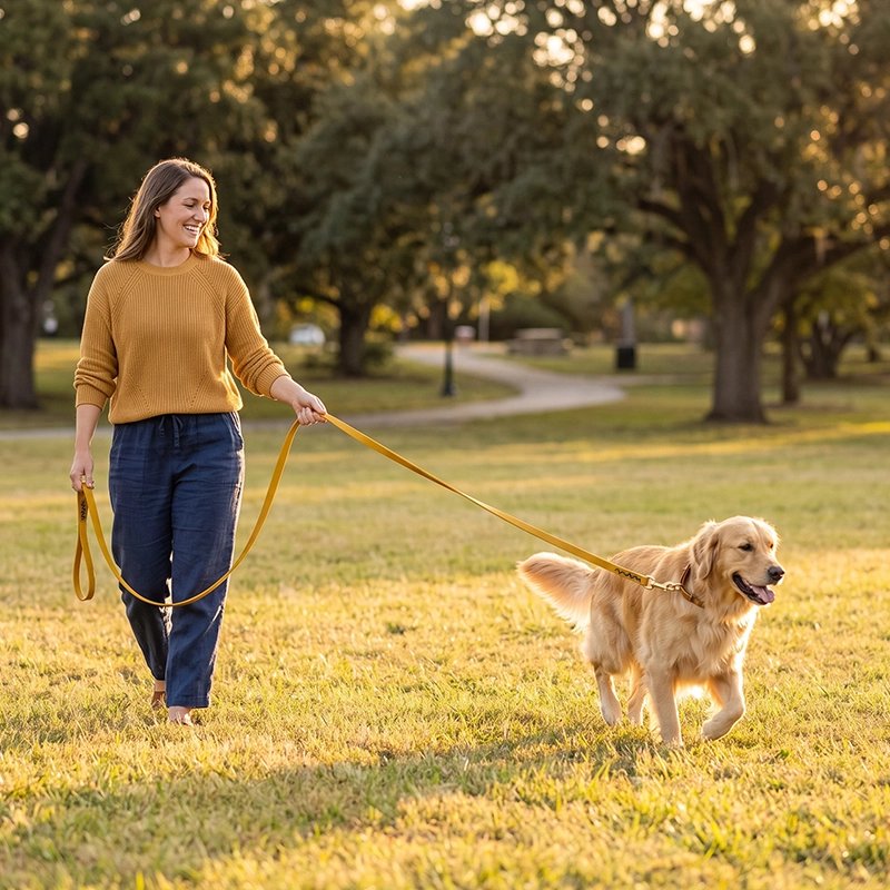femme promène son chien avec une Longe pour Chien jaune