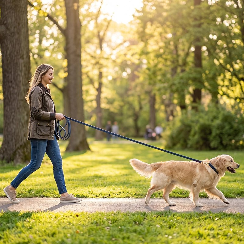 Femme promène son chien avec une Longe pour Chien bleu