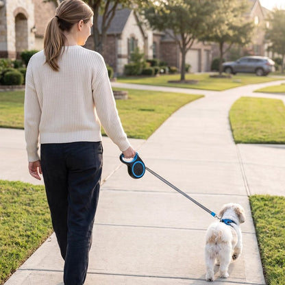 Femme promène son chien avec uneLaisse pour Chien bleu