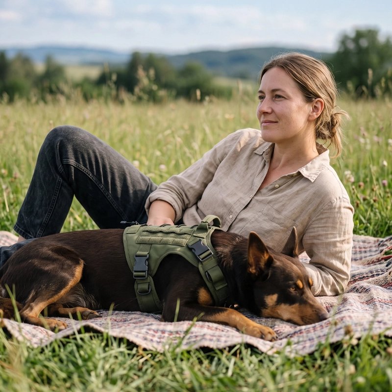 femme se détend avec son chien et harnais chien vert 