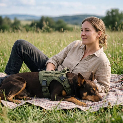 femme se détend avec son chien et harnais chien vert 