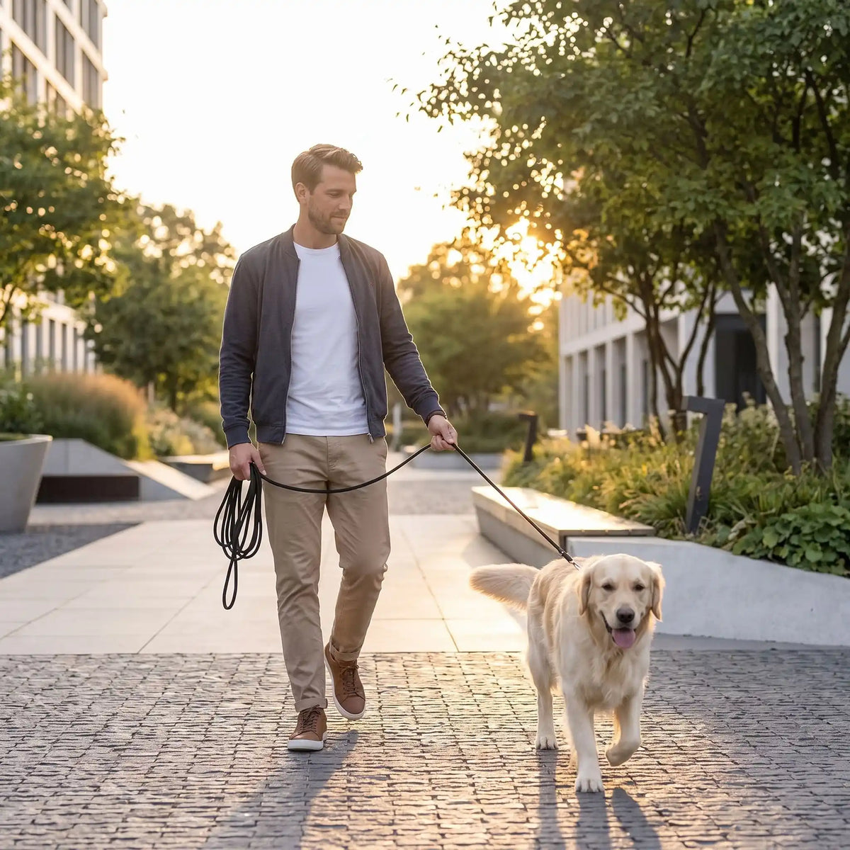 Homme qui promène son chien avec la longe pour chien noir