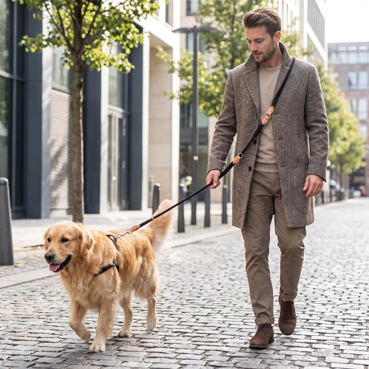 homme utilise double laisse pour chien noir en main libre 