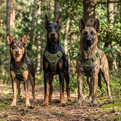 Harnais chien vert sur trois chien de taille différente 