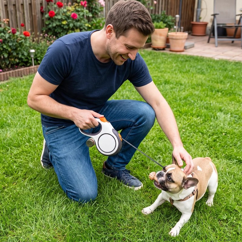 homme caresse son chien attaché à une Laisse enrouleur blanche