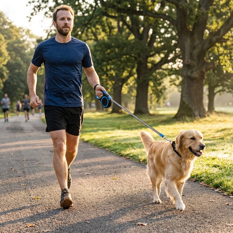 homme court avec chien et une Laisse pour Chien bleu