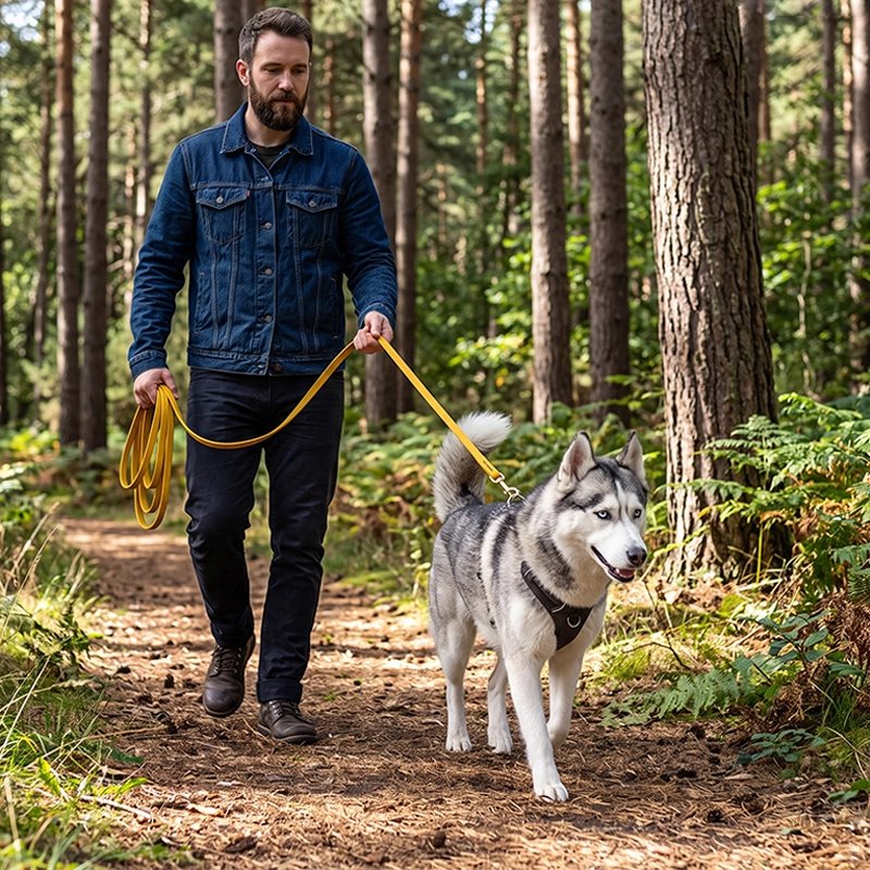 homme promène son chien avec une Longe pour Chien orange 