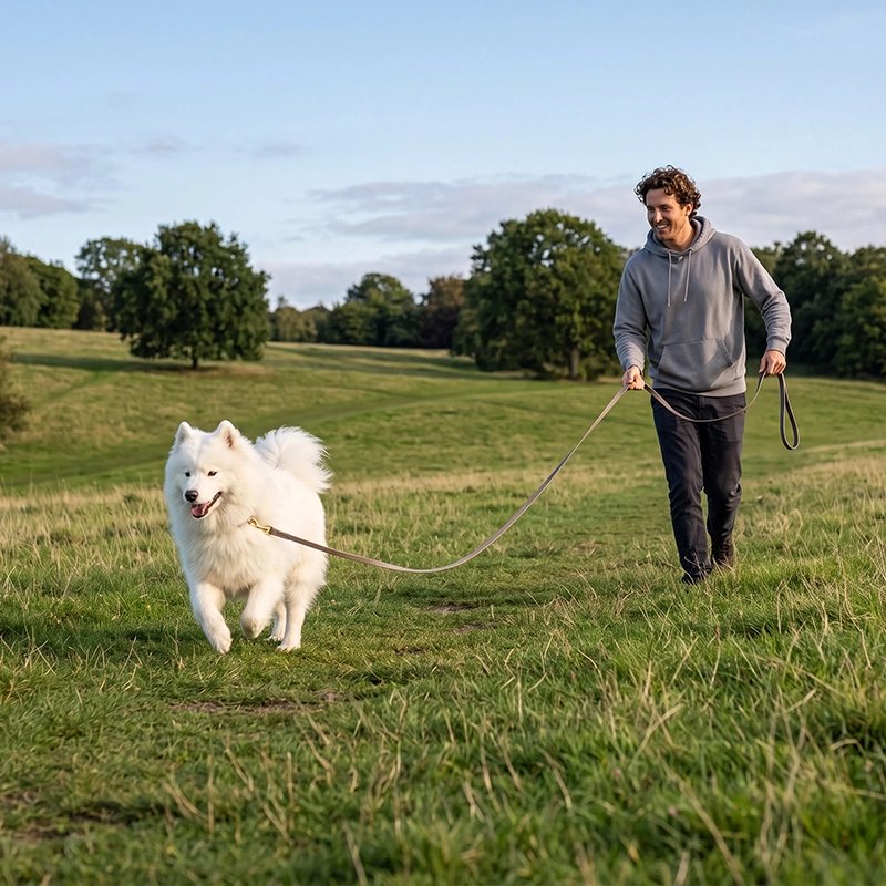 Homme promène son chien avec une Longe pour Chien grise 