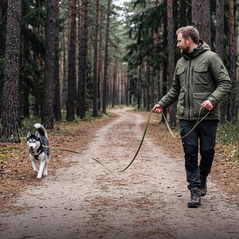 homme promène son chien avec une Longe pour Chien vert 