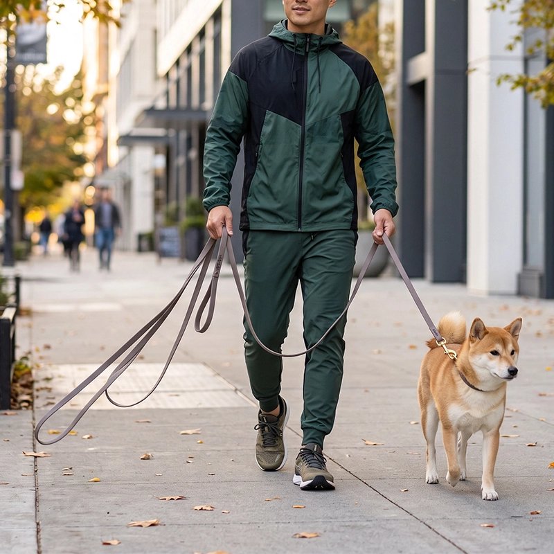 Homme promène son chien avec une Longe pour Chien grise 