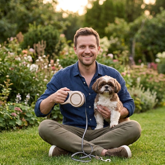 homme qui tien sont chien et sa Laisse pour Chien marron 