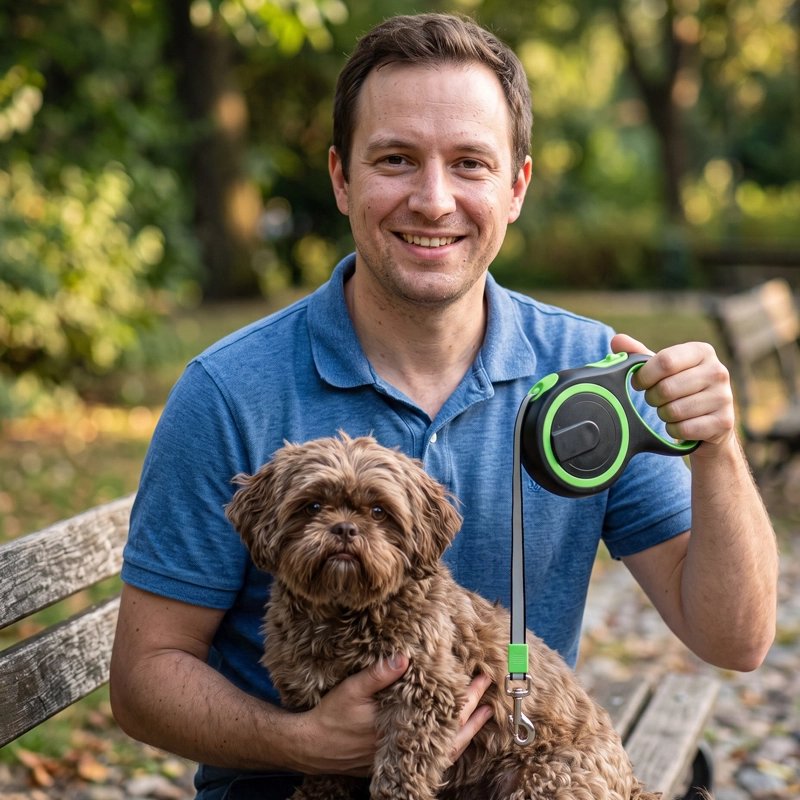 homme tien son chien et sa Laisse pour Chien verte