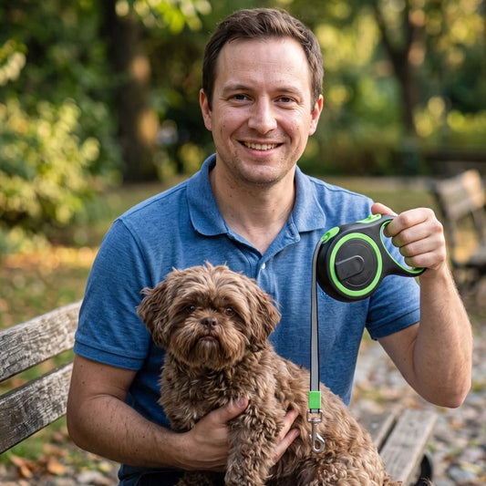 homme tien son chien et sa Laisse pour Chien verte