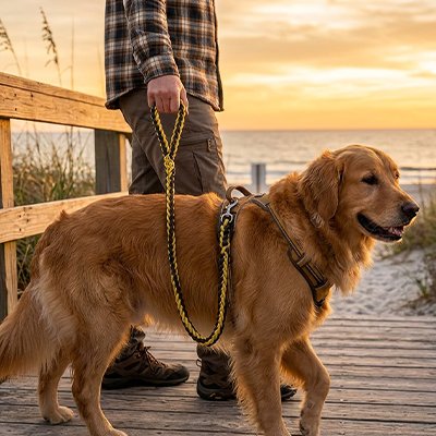 Laisse pour Chien jaune attaché a un golden retriver
