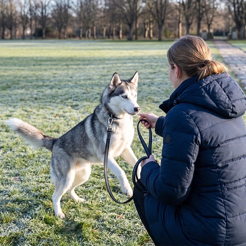 Laisse pour Chien noir maitre accroupi 