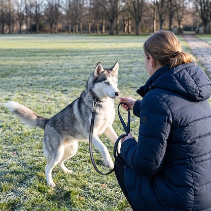 Laisse pour Chien noir maitre accroupi 