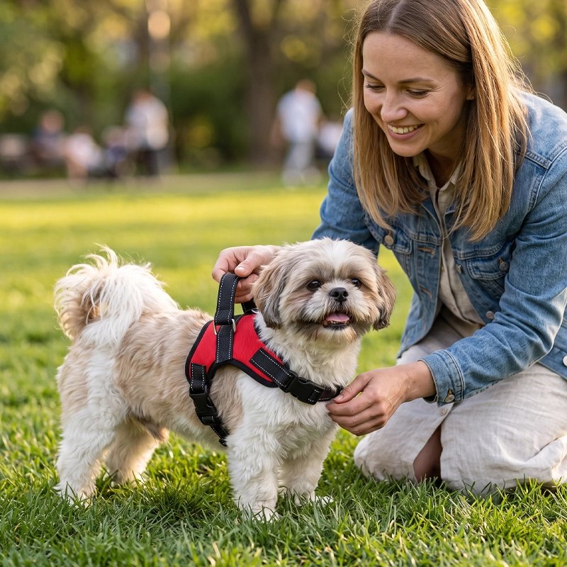 maitre met Harnais chien rouge sur un petit chien
