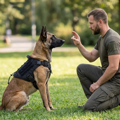 maitre dresse son berger avec un harnais chien noir 