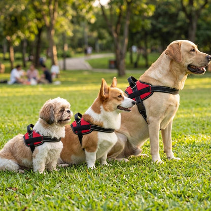 présentation Harnais chien rouge sur trois race de grandeur différente 